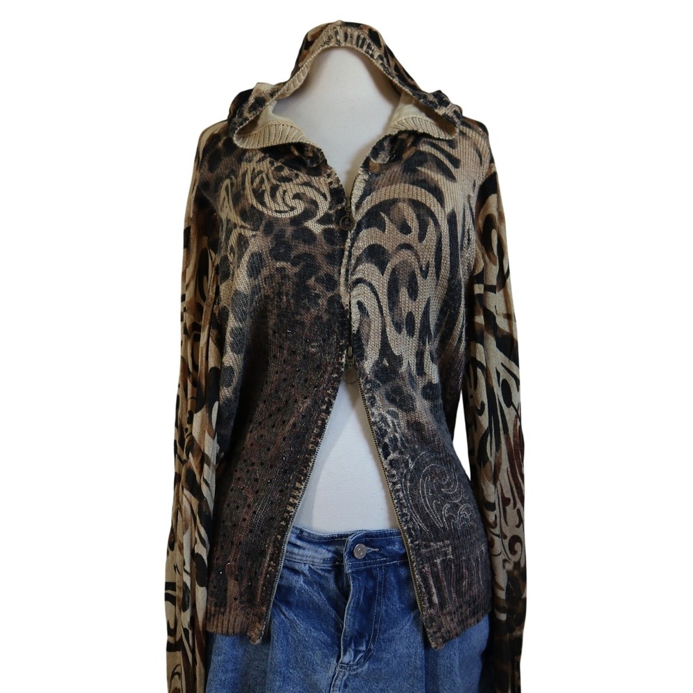 Dolce Cabo Sweater Full Zip Leopard Animal Print Rhinestone Hooded Y2K Grunge